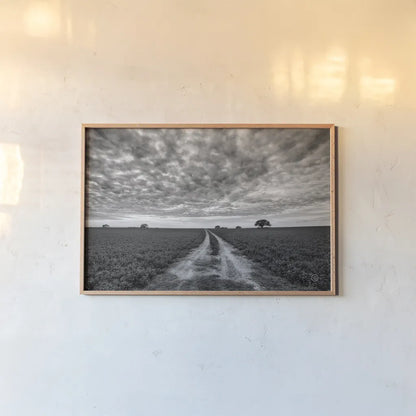 Farm Road by Nathan Larson. shown as a paper print in a natural frame. Available as a archival giclee rolled canvas, fine art paper, or poster print. SKU 73694i.