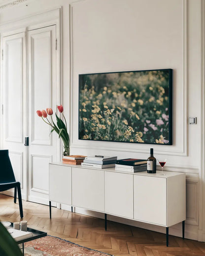 Field Friends Fade by Nathan Larson. shown as a framed stretched canvas in a living room above a console. Available as a archival giclee rolled canvas, fine art paper, or poster print. SKU 71624i.