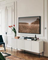 Fields of Gold by Nathan Larson. shown as a framed stretched canvas in a living room above a console. Available as a archival giclee rolled canvas, fine art paper, or poster print. SKU 71623i.