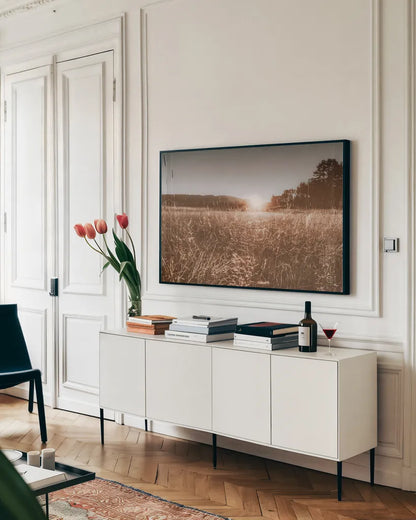 Fields of Gold by Nathan Larson. shown as a framed stretched canvas in a living room above a console. Available as a archival giclee rolled canvas, fine art paper, or poster print. SKU 71623i.