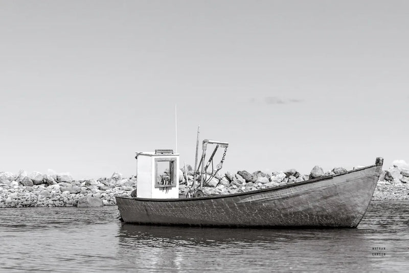 Fishing Boat Rest BW by Nathan Larson. SKU 103183i. Archival Giclee Fine art print for wall decor.