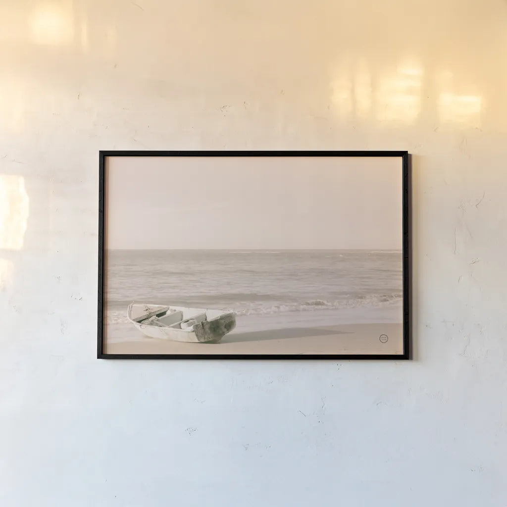 Fishing Boat at Sunset by Nathan Larson. shown as a paper print in a black flame. Available as a archival giclee rolled canvas, fine art paper, or poster print. SKU 71379i.