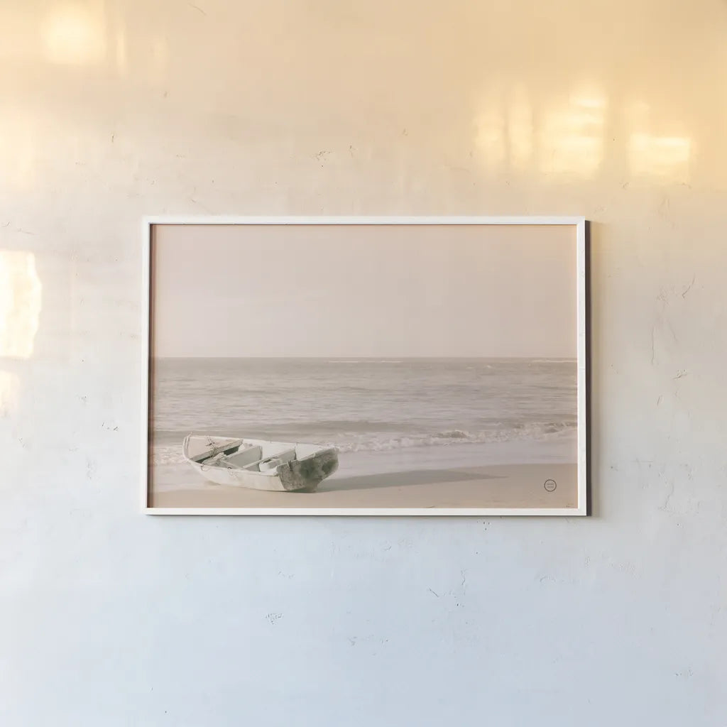 Fishing Boat at Sunset by Nathan Larson. shown as a paper print in a white frame. Available as a archival giclee rolled canvas, fine art paper, or poster print. SKU 71379i.