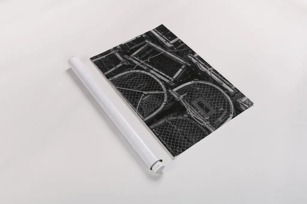 Fishing Village Traps by Nathan Larson. shown as a rolled paper print. Available as archival giclee rolled canvas, fine art paper, or poster print. SKU 102033i.