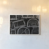 Fishing Village Traps by Nathan Larson. shown as a paper print in a white frame. Available as a archival giclee rolled canvas, fine art paper, or poster print. SKU 102033i.