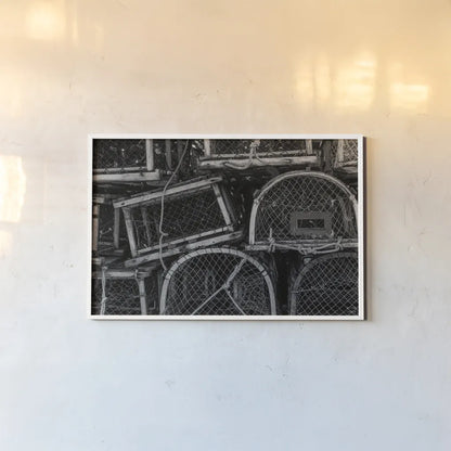 Fishing Village Traps by Nathan Larson. shown as a paper print in a white frame. Available as a archival giclee rolled canvas, fine art paper, or poster print. SKU 102033i.
