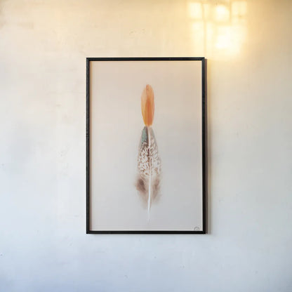 Floating Feathers I by Nathan Larson. shown as a paper print in a black flame. Available as a archival giclee rolled canvas, fine art paper, or poster print. SKU 71168h.