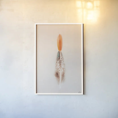 Floating Feathers I by Nathan Larson. shown as a paper print in a white frame. Available as a archival giclee rolled canvas, fine art paper, or poster print. SKU 71168h.