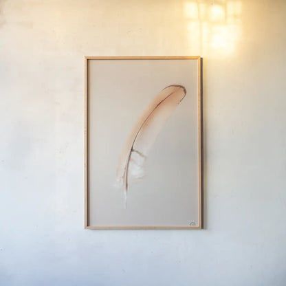 Floating Feathers III by Nathan Larson. shown as a paper print in a natural frame. Available as a archival giclee rolled canvas, fine art paper, or poster print. SKU 71170h.