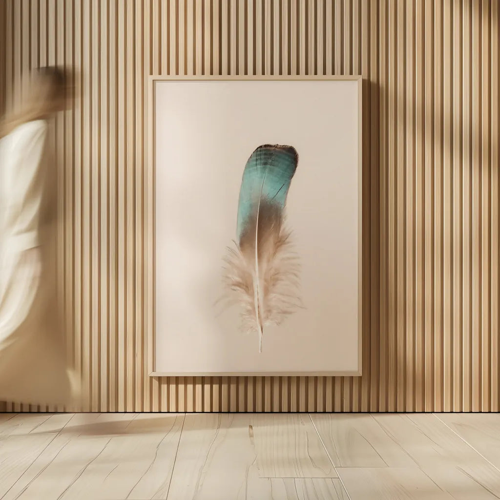 Floating Feathers IV by Nathan Larson. shown as over sized large wall art. Available as an archival giclee rolled canvas, fine art paper, or poster print. SKU 71171h.