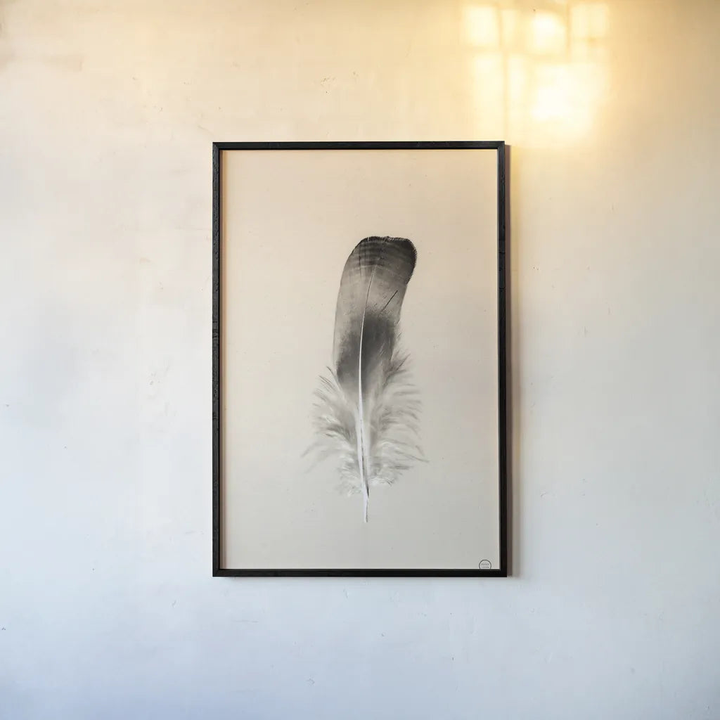 Floating Feathers IV Sepia by Nathan Larson. shown as a paper print in a black flame. Available as a archival giclee rolled canvas, fine art paper, or poster print. SKU 74149h.