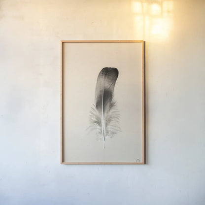 Floating Feathers IV Sepia by Nathan Larson. shown as a paper print in a natural frame. Available as a archival giclee rolled canvas, fine art paper, or poster print. SKU 74149h.