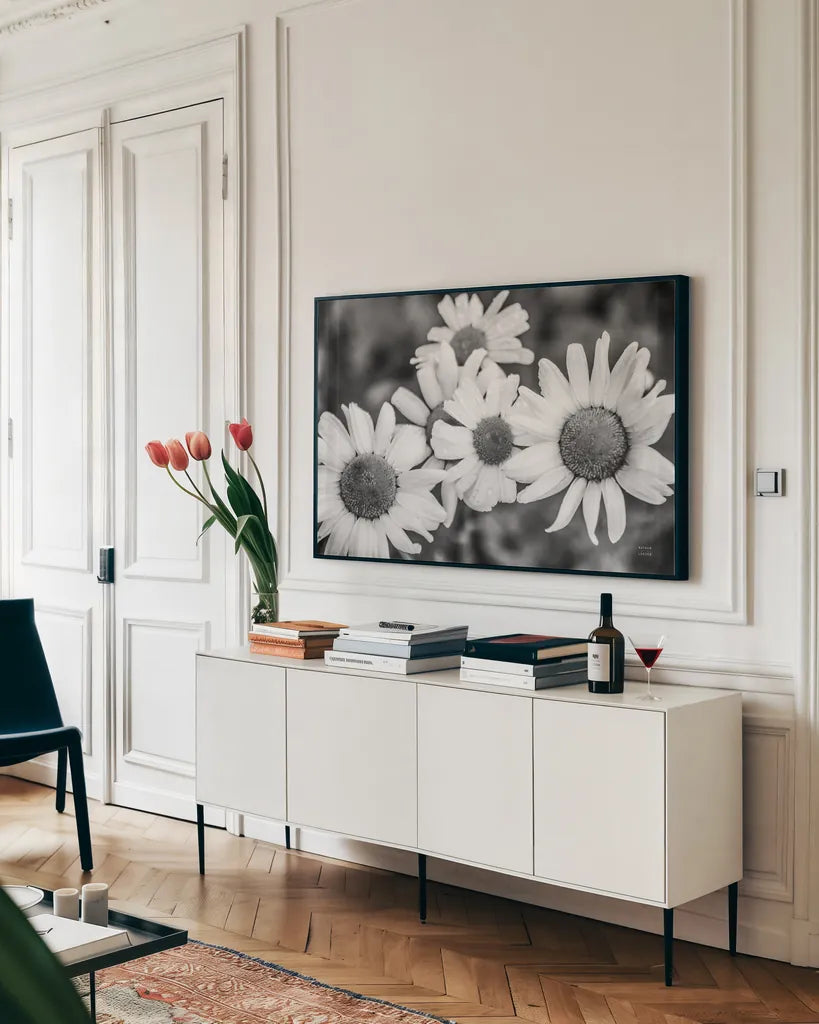 Flower Morning by Nathan Larson. shown as a framed stretched canvas in a living room above a console. Available as a archival giclee rolled canvas, fine art paper, or poster print. SKU 96235i.