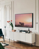 Following Along by Nathan Larson. shown as a framed stretched canvas in a living room above a console. Available as a archival giclee rolled canvas, fine art paper, or poster print. SKU 104268i.