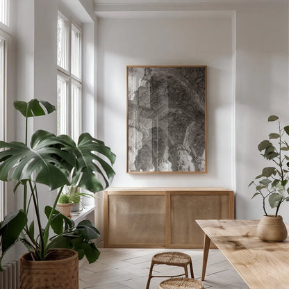 Gaudi Vaults I by Nathan Larson. shown as a print in a natural wood frame in a dining room. Available as a archival giclee rolled canvas, fine art paper, or poster print. SKU 87718h.