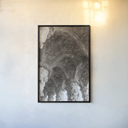 Gaudi Vaults I by Nathan Larson. shown as a paper print in a black flame. Available as a archival giclee rolled canvas, fine art paper, or poster print. SKU 87718h.