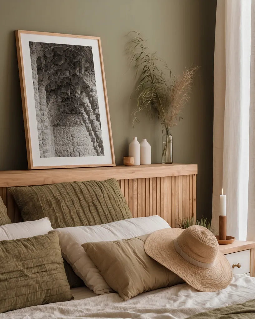 Gaudi Vaults II by Nathan Larson. shown as a paper print in a natural frame. Available as a archival giclee rolled canvas, fine art paper, or poster print. SKU 87719h.