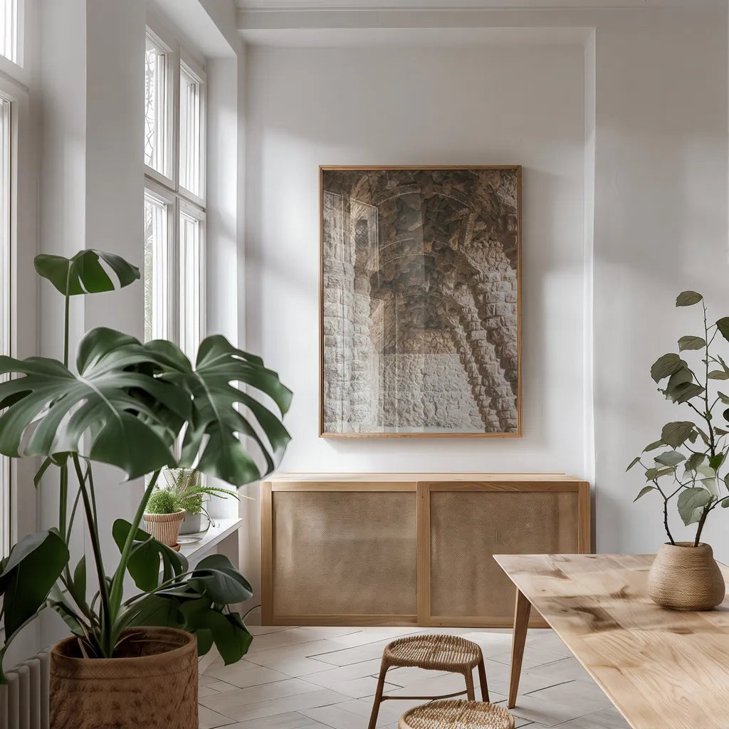 Gaudi Vaults II Color by Nathan Larson. shown as a print in a natural wood frame in a dining room. Available as a archival giclee rolled canvas, fine art paper, or poster print. SKU 87720h.