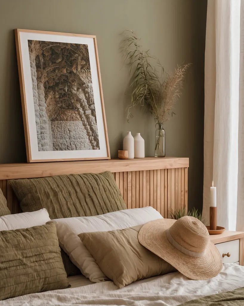 Gaudi Vaults II Color by Nathan Larson. shown as a paper print in a natural frame. Available as a archival giclee rolled canvas, fine art paper, or poster print. SKU 87720h.