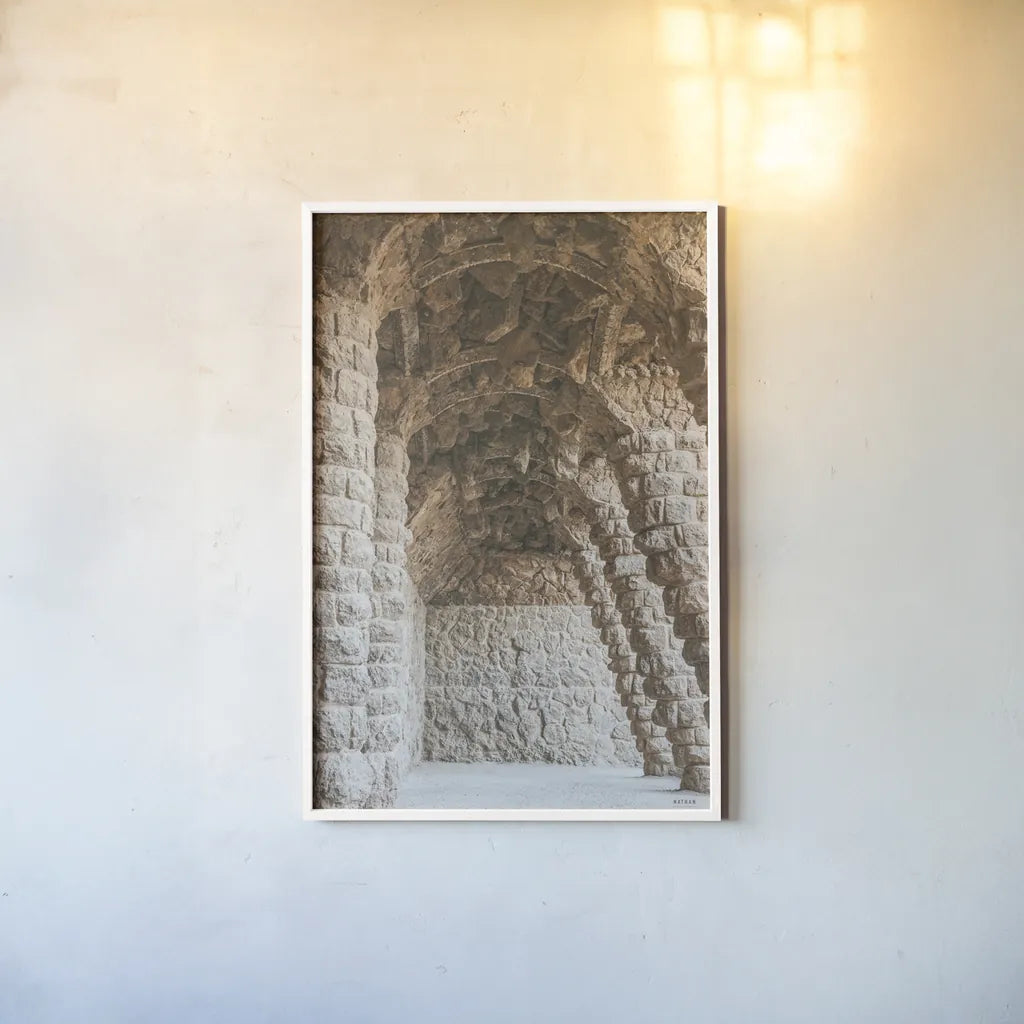 Gaudi Vaults II Color by Nathan Larson. shown as a paper print in a white frame. Available as a archival giclee rolled canvas, fine art paper, or poster print. SKU 87720h.
