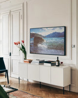 Glacial Lake Summer by Nathan Larson. shown as a framed stretched canvas in a living room above a console. Available as a archival giclee rolled canvas, fine art paper, or poster print. SKU 94835i.