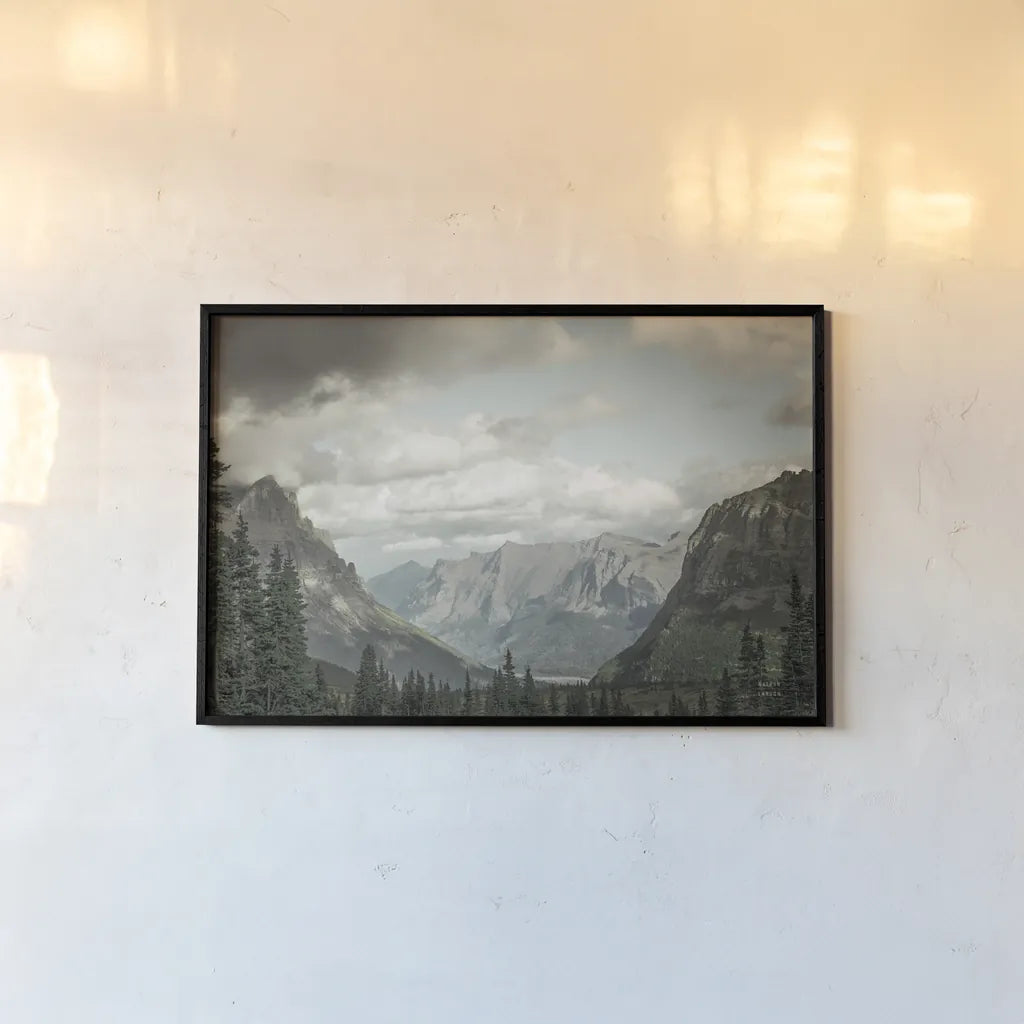Glacier National Park Gateway by Nathan Larson. shown as a paper print in a black flame. Available as a archival giclee rolled canvas, fine art paper, or poster print. SKU 87646i.