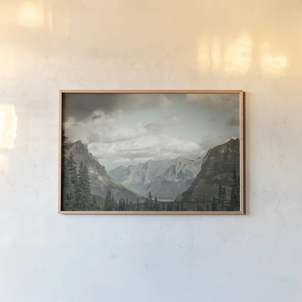 Glacier National Park Gateway by Nathan Larson. shown as a paper print in a natural frame. Available as a archival giclee rolled canvas, fine art paper, or poster print. SKU 87646i.