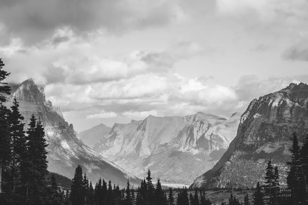 Glacier National Park Gateway BW by Nathan Larson. SKU 87647i. Archival Giclee Fine art print for wall decor.