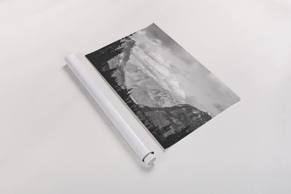 Glacier National Park Gateway BW by Nathan Larson. shown as a rolled paper print. Available as archival giclee rolled canvas, fine art paper, or poster print. SKU 87647i.