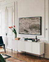 Glide by Nathan Larson. shown as a framed stretched canvas in a living room above a console. Available as a archival giclee rolled canvas, fine art paper, or poster print. SKU 97911i.