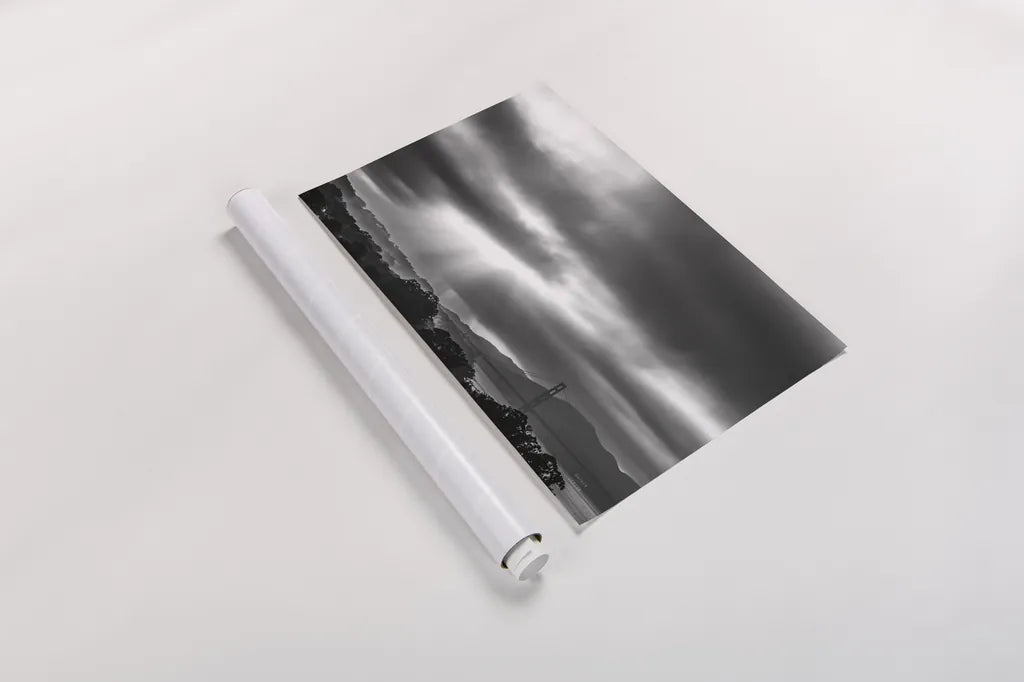 Golden Gate Rays by Nathan Larson. shown as a rolled paper print. Available as archival giclee rolled canvas, fine art paper, or poster print. SKU 86713i.