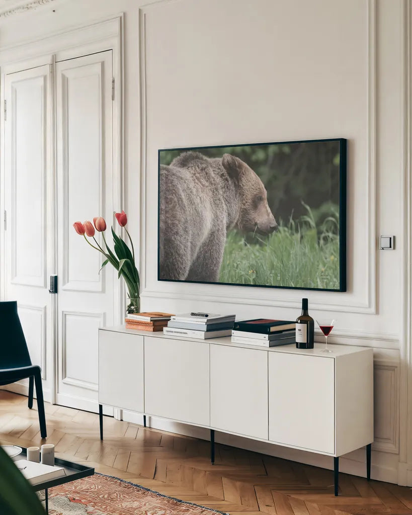 Grizzly Profile by Nathan Larson. shown as a framed stretched canvas in a living room above a console. Available as a archival giclee rolled canvas, fine art paper, or poster print. SKU 92570i.