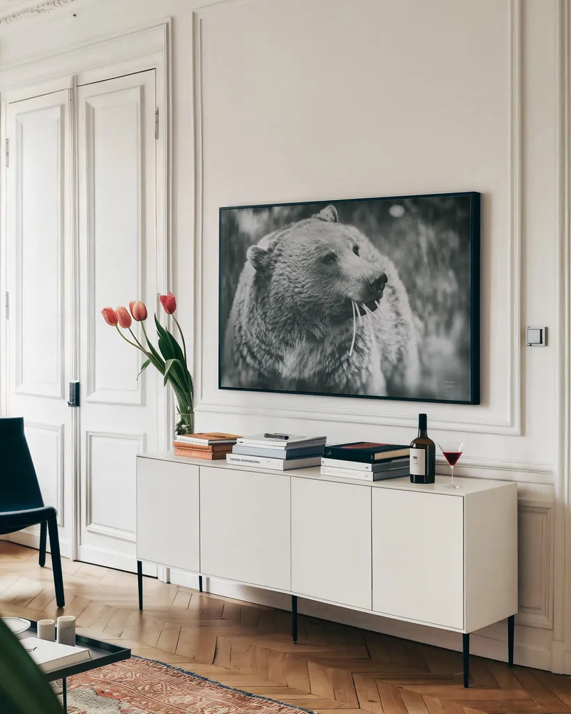 Grizzly Snack by Nathan Larson. shown as a framed stretched canvas in a living room above a console. Available as a archival giclee rolled canvas, fine art paper, or poster print. SKU 92572i.