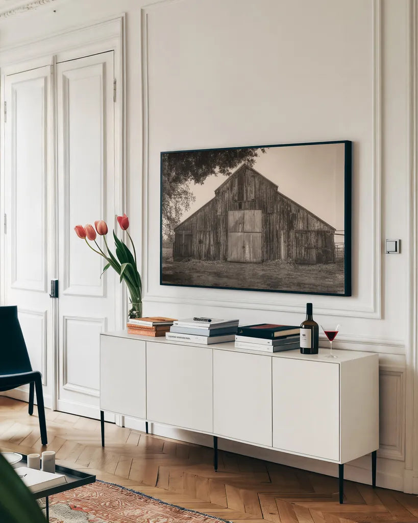 Hiding from the Rain by Nathan Larson. shown as a framed stretched canvas in a living room above a console. Available as a archival giclee rolled canvas, fine art paper, or poster print. SKU 78865i.