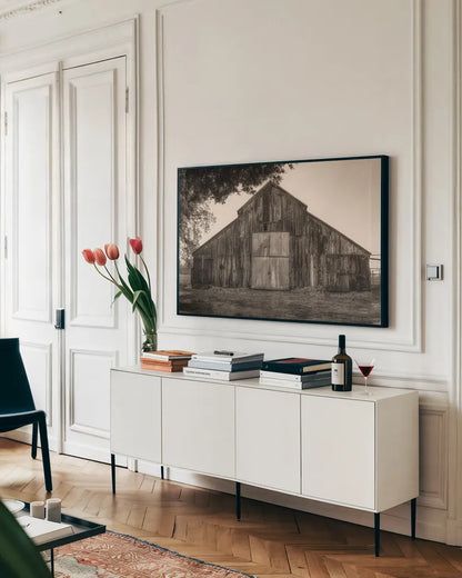 Hiding from the Rain by Nathan Larson. shown as a framed stretched canvas in a living room above a console. Available as a archival giclee rolled canvas, fine art paper, or poster print. SKU 78865i.