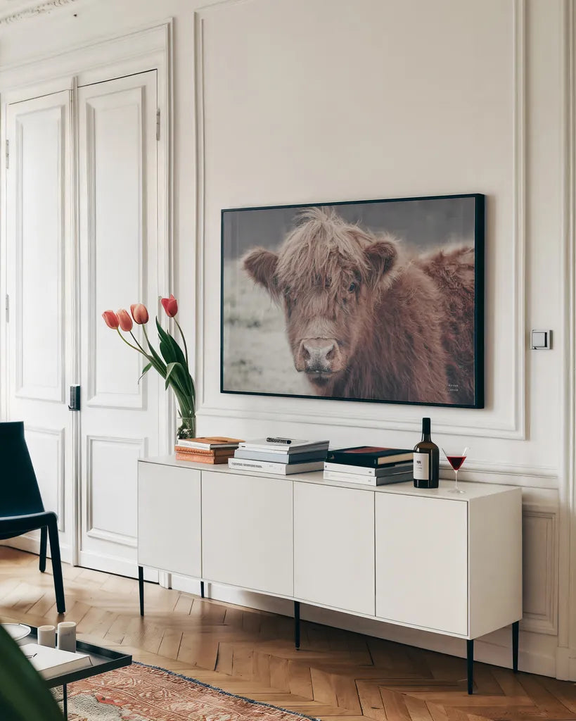 Highland Cow Do by Nathan Larson. shown as a framed stretched canvas in a living room above a console. Available as a archival giclee rolled canvas, fine art paper, or poster print. SKU 79335i.