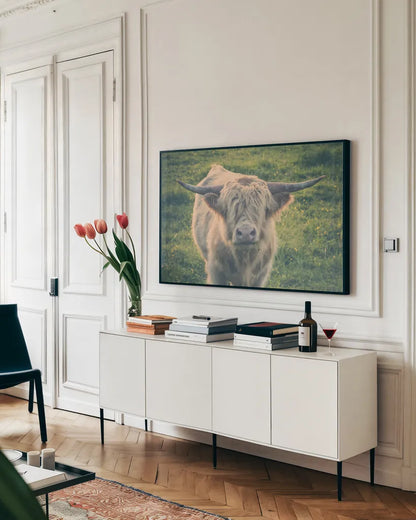 Highland Cow Staring Contest Color by Nathan Larson. shown as a framed stretched canvas in a living room above a console. Available as a archival giclee rolled canvas, fine art paper, or poster print. SKU 80771i.