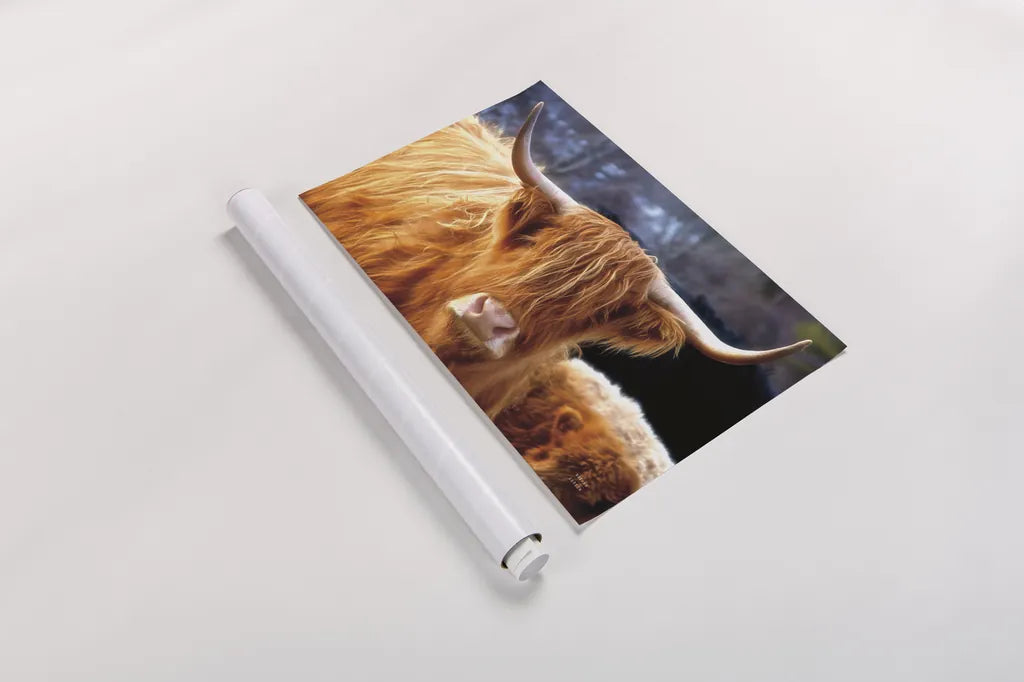 Highland Cow Sunshine by Nathan Larson. shown as a rolled paper print. Available as archival giclee rolled canvas, fine art paper, or poster print. SKU 83982i.