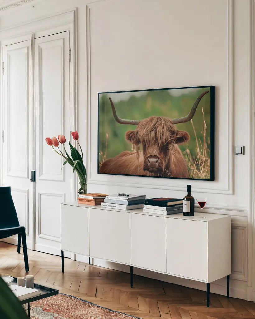 Highland Meadow Portrait by Nathan Larson. shown as a framed stretched canvas in a living room above a console. Available as a archival giclee rolled canvas, fine art paper, or poster print. SKU 100483i.