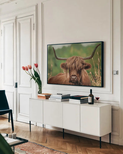 Highland Meadow Portrait by Nathan Larson. shown as a framed stretched canvas in a living room above a console. Available as a archival giclee rolled canvas, fine art paper, or poster print. SKU 100483i.