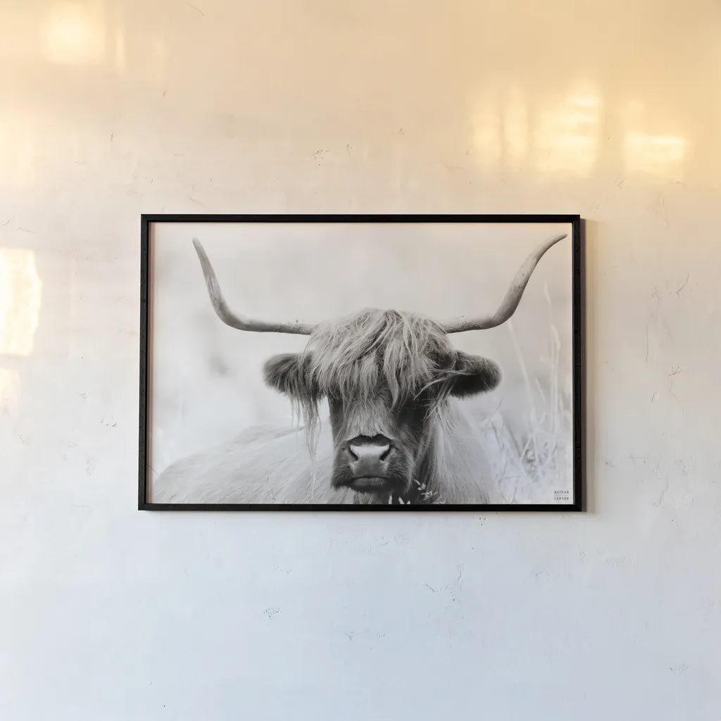 Highland Meadow Portrait BW by Nathan Larson. shown as a paper print in a black flame. Available as a archival giclee rolled canvas, fine art paper, or poster print. SKU 100485i.