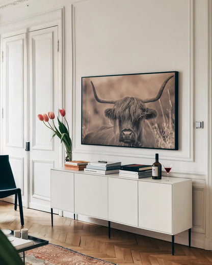 Highland Meadow Portrait Sepia by Nathan Larson. shown as a framed stretched canvas in a living room above a console. Available as a archival giclee rolled canvas, fine art paper, or poster print. SKU 100484i.