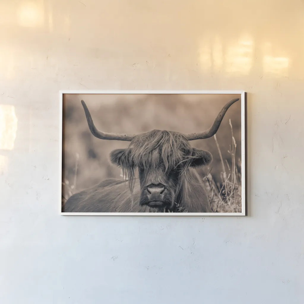 Highland Meadow Portrait Sepia by Nathan Larson. shown as a paper print in a white frame. Available as a archival giclee rolled canvas, fine art paper, or poster print. SKU 100484i.