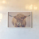Highland in the Winter Fog by Nathan Larson. shown as a paper print in a white frame. Available as a archival giclee rolled canvas, fine art paper, or poster print. SKU 77565i.