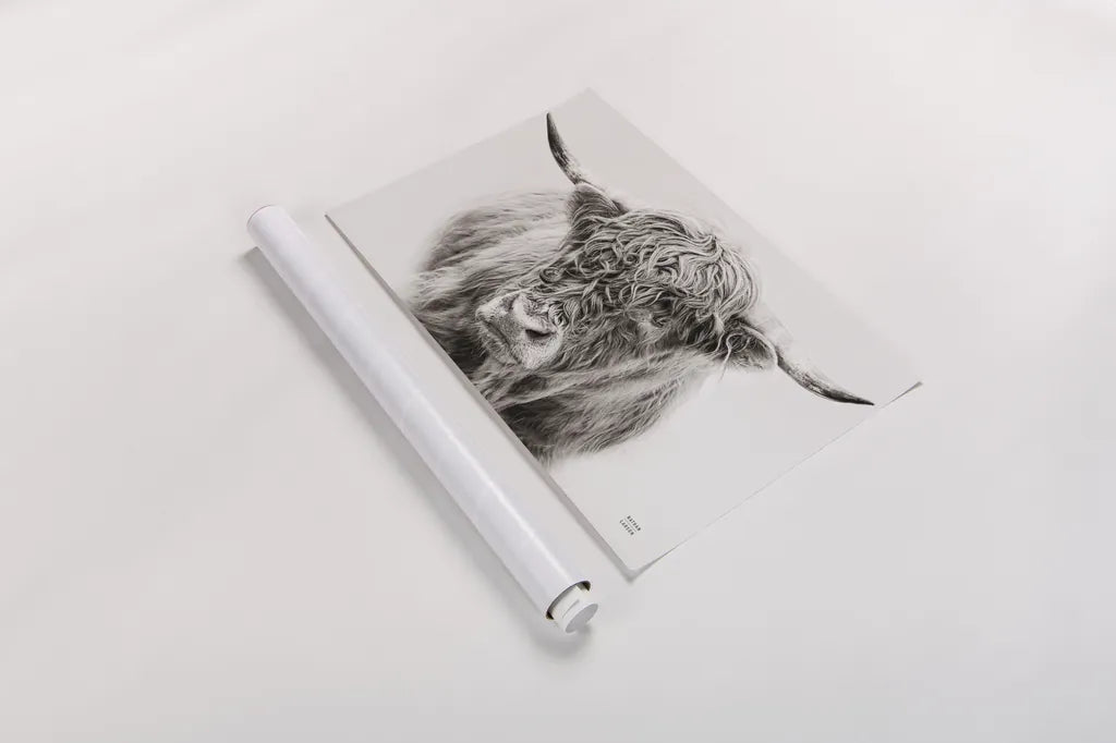 Highland in the Winter Fog BW by Nathan Larson. shown as a rolled paper print. Available as archival giclee rolled canvas, fine art paper, or poster print. SKU 77566i.