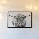 Highland in the Winter Fog BW by Nathan Larson. shown as a paper print in a black flame. Available as a archival giclee rolled canvas, fine art paper, or poster print. SKU 77566i.