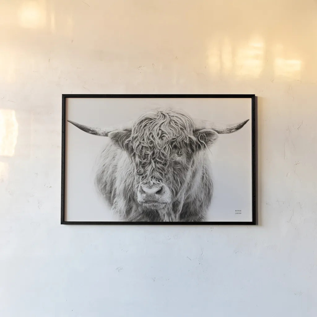 Highland in the Winter Fog BW by Nathan Larson. shown as a paper print in a black flame. Available as a archival giclee rolled canvas, fine art paper, or poster print. SKU 77566i.