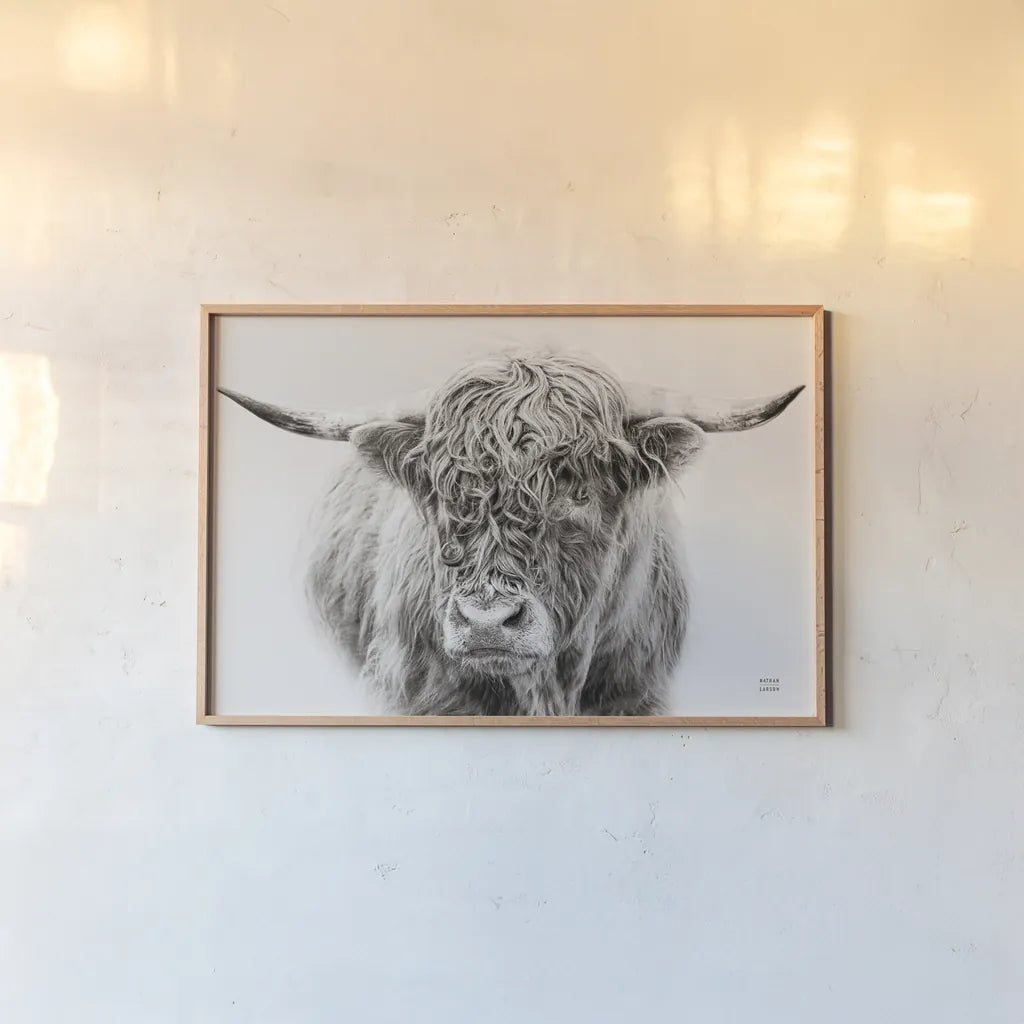 Highland in the Winter Fog BW by Nathan Larson. shown as a paper print in a natural frame. Available as a archival giclee rolled canvas, fine art paper, or poster print. SKU 77566i.