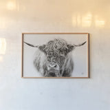 Highland in the Winter Fog BW by Nathan Larson. shown as a paper print in a natural frame. Available as a archival giclee rolled canvas, fine art paper, or poster print. SKU 77566i.