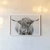 Highland in the Winter Fog BW by Nathan Larson. shown as a paper print in a white frame. Available as a archival giclee rolled canvas, fine art paper, or poster print. SKU 77566i.